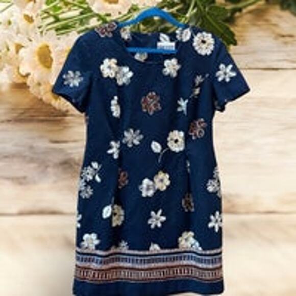 Vintage S. L. Fashions Dark Blue Floral Knee Length Dress Size 14 - Picture 1 of 4